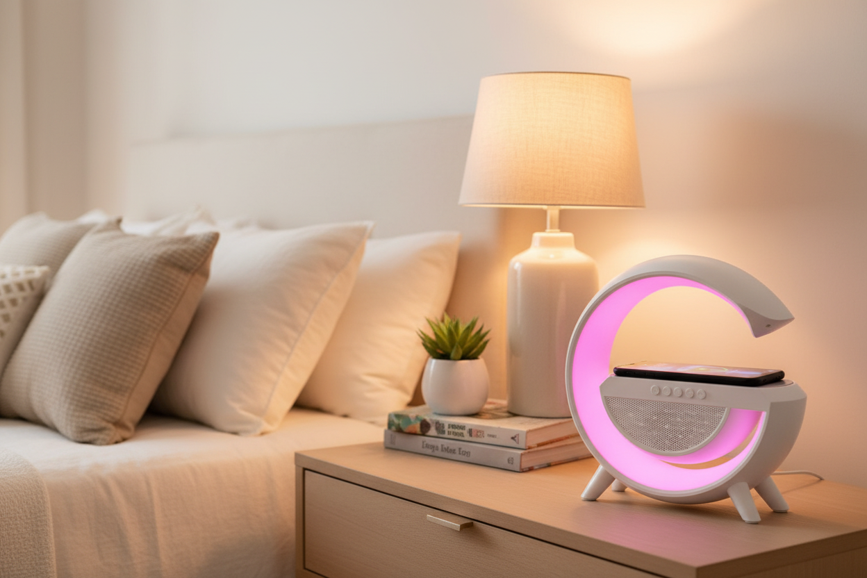 🌙 Lampe de Chevet LED avec Haut-Parleur & Chargeur Sans Fil 3-en-1
